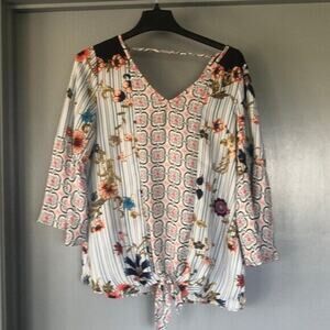 Olive Hill Womens tie waist Blouse Top M Floral Bell 3/4 Sleeve Boho Hippie